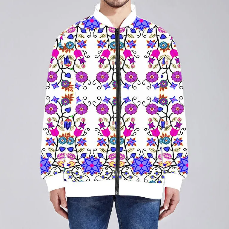 Floral Beadwork Seven Clans White Youth Zippered Collared Lightweight Jacket