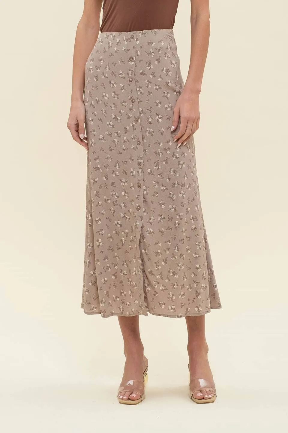 FLORAL BUTTON FRONT SPLIT HEM MIDI SKIRT