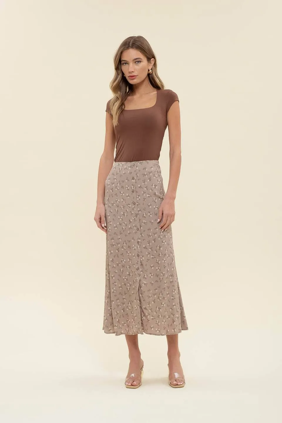 FLORAL BUTTON FRONT SPLIT HEM MIDI SKIRT