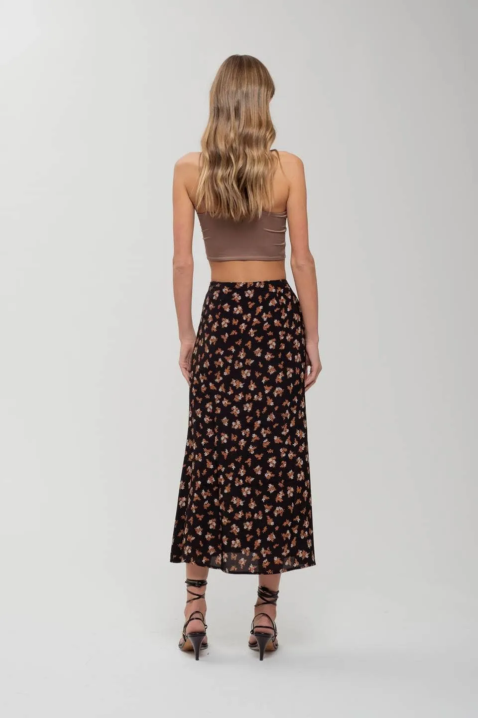 FLORAL BUTTON FRONT SPLIT HEM MIDI SKIRT