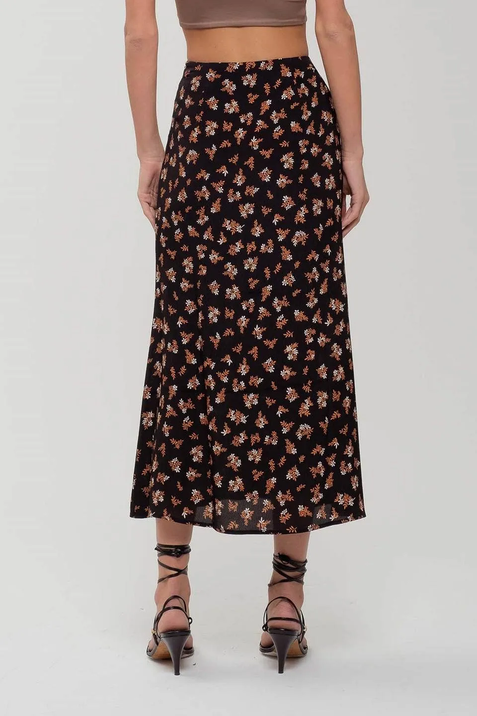 FLORAL BUTTON FRONT SPLIT HEM MIDI SKIRT