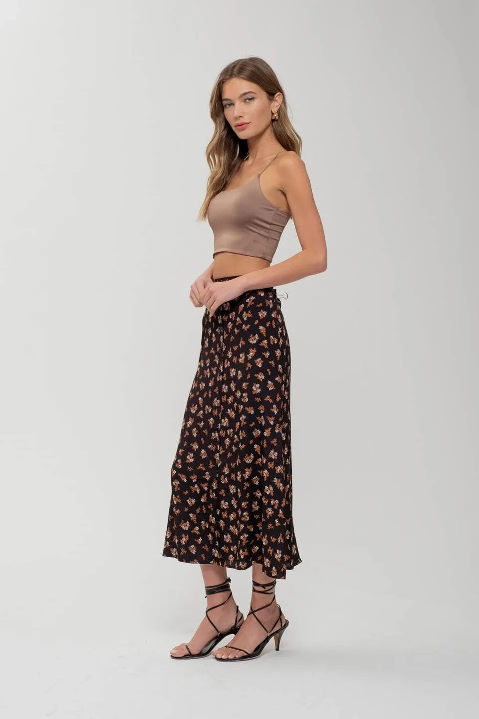 FLORAL BUTTON FRONT SPLIT HEM MIDI SKIRT