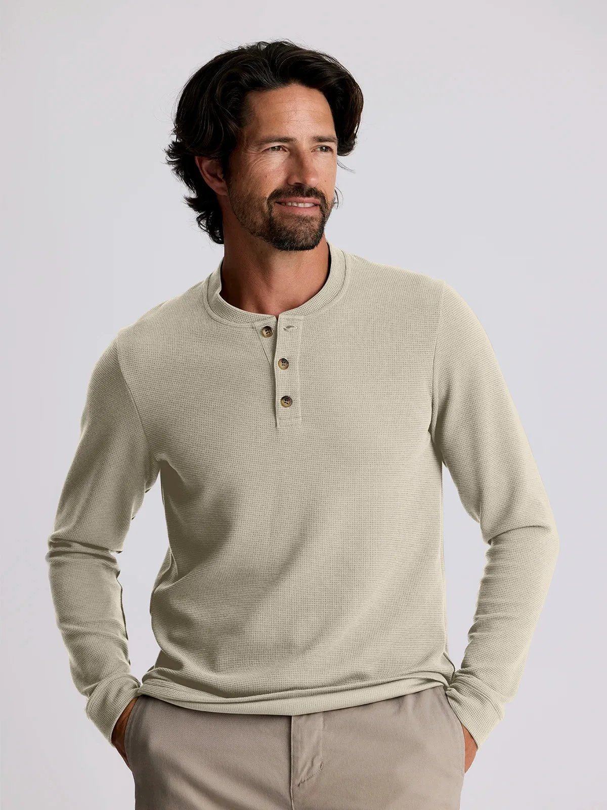 Free Fly Men's Waffle Long Sleeve Henley in Sandstone