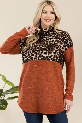 Full Size Curved Hem Leopard Turtleneck Long Sleeve Blouse