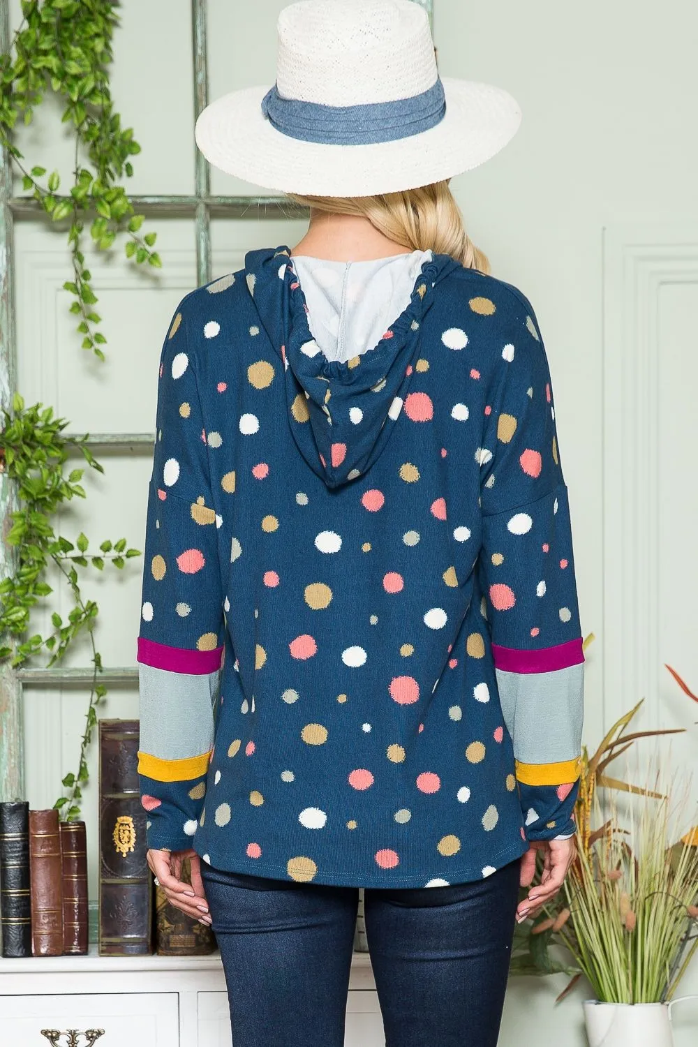 Full Size Polka Dot Drawstring Hoodie