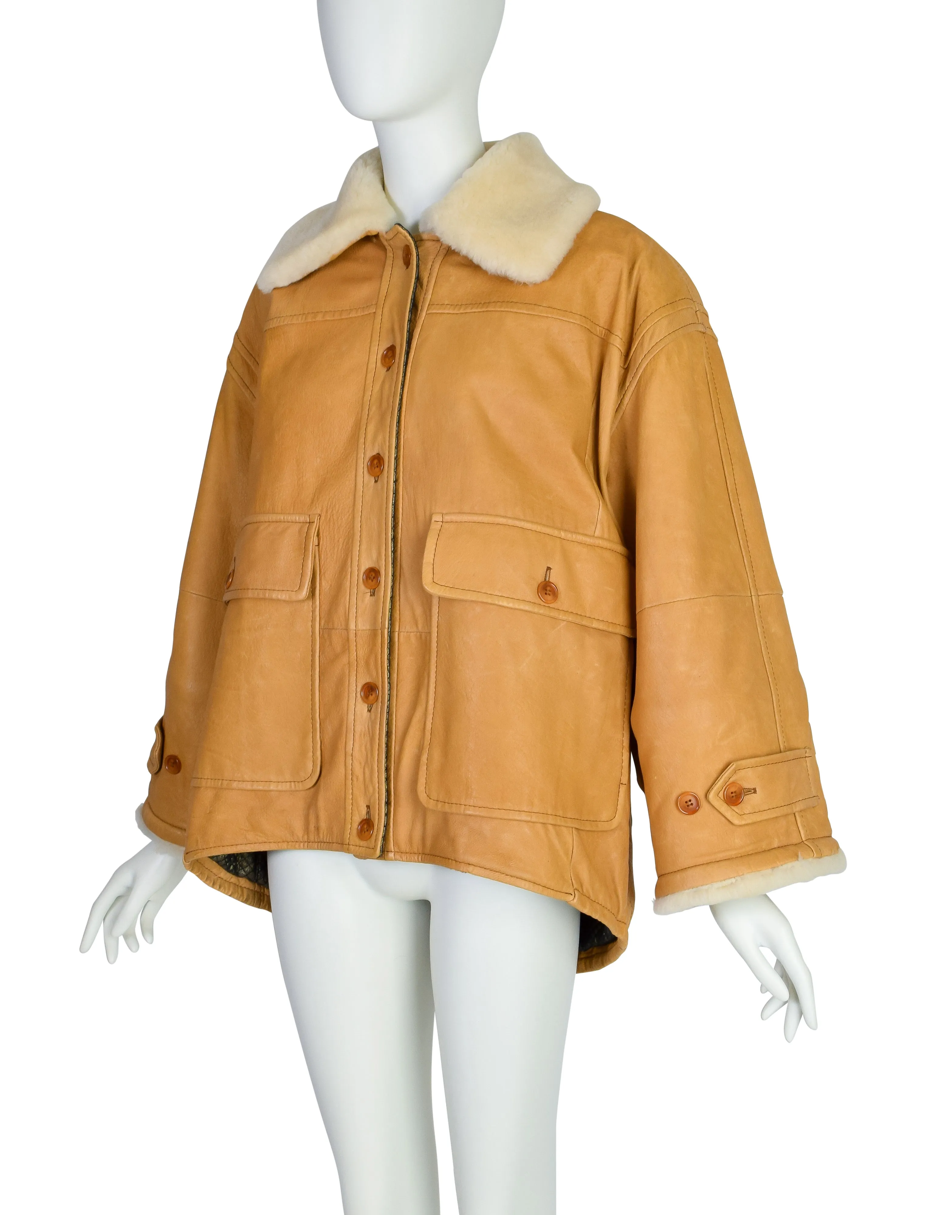 Gianfranco Ferre Vintage 1980s Oversized Butterscotch Leather Shearling Coat