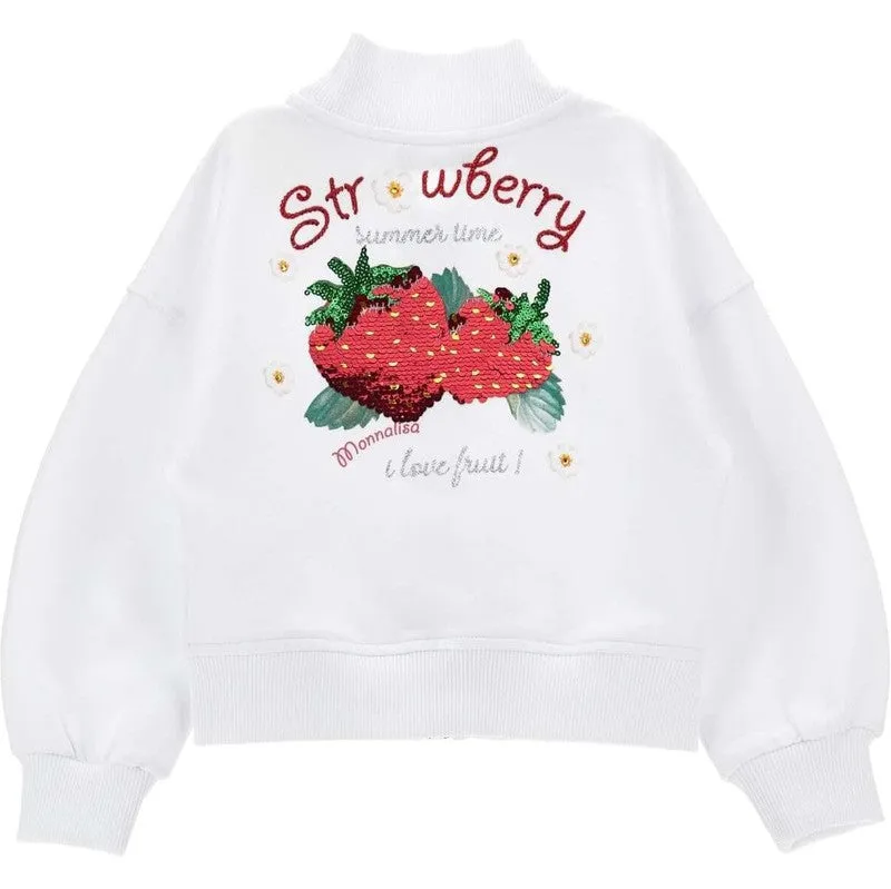 Girls White Strawberry Zip Up Sweater