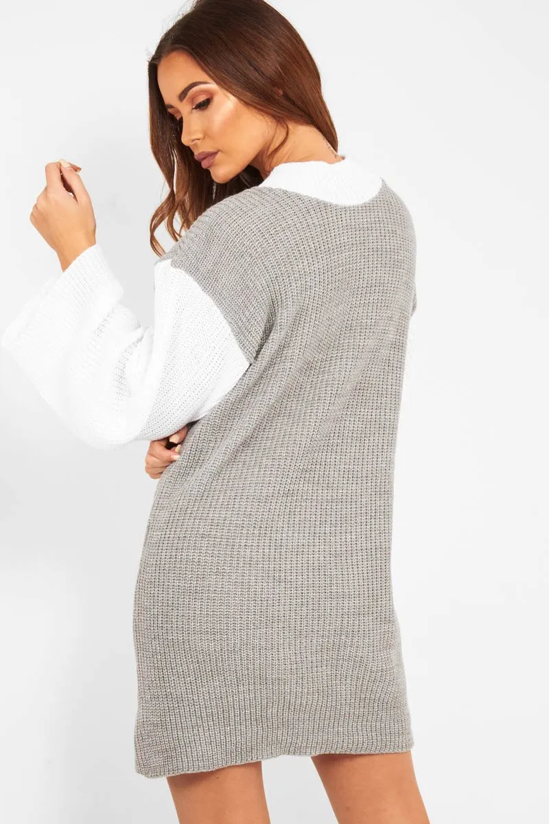 Grey And White Knitted High Neck Oversized Jumper - Cerina