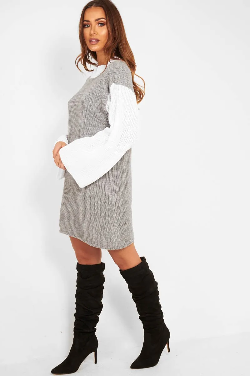 Grey And White Knitted High Neck Oversized Jumper - Cerina