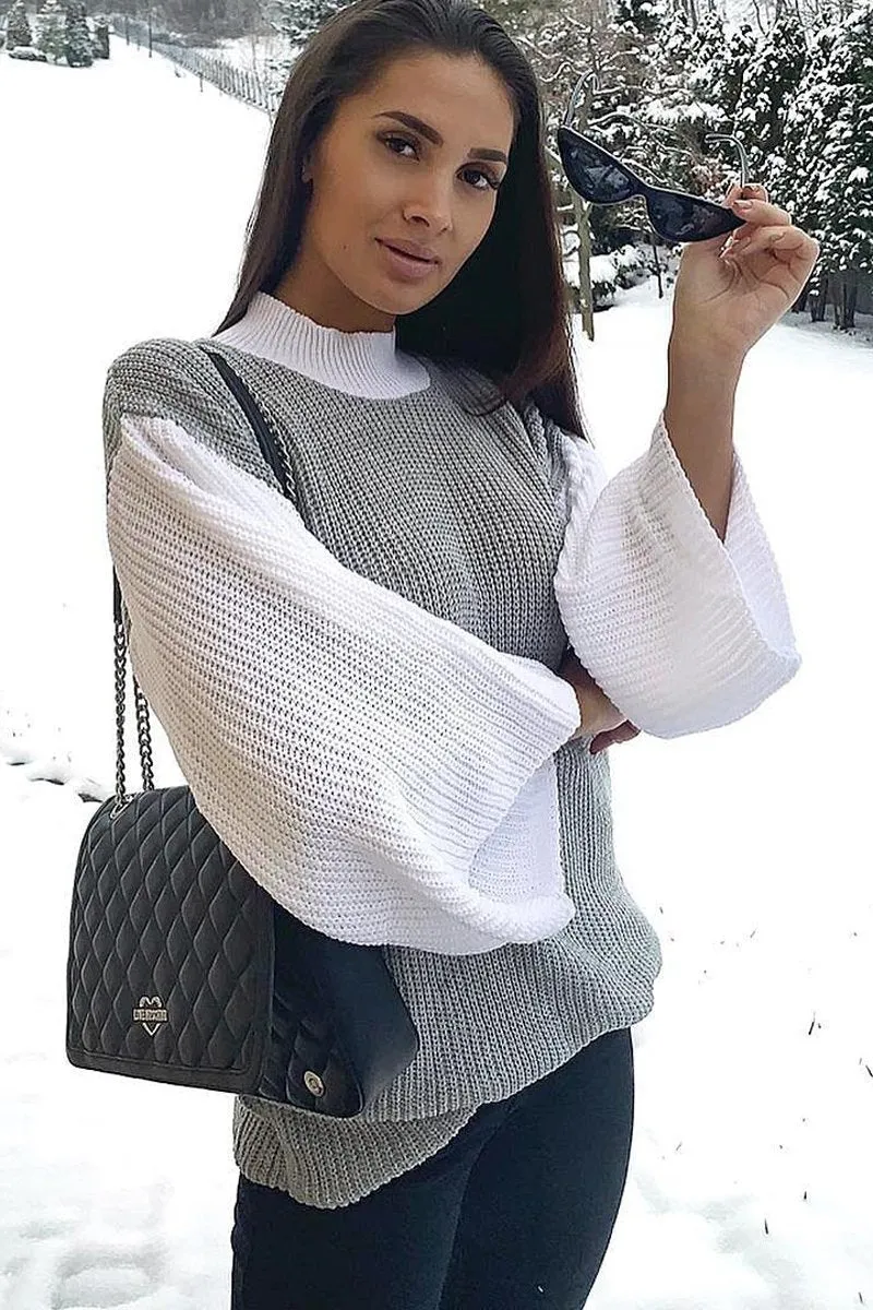 Grey And White Knitted High Neck Oversized Jumper - Cerina