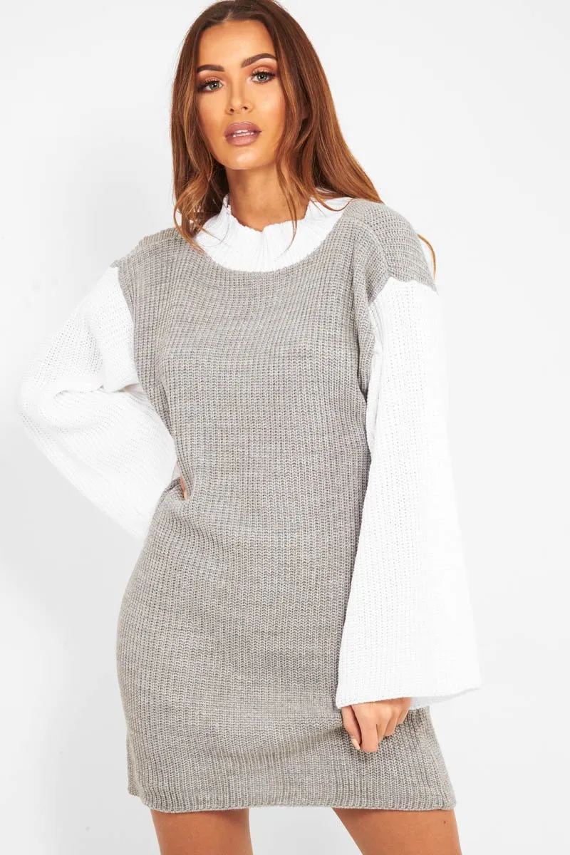 Grey And White Knitted High Neck Oversized Jumper - Cerina