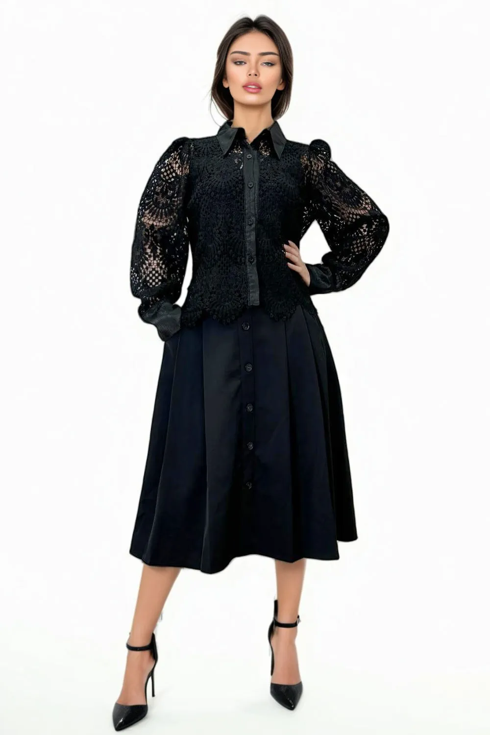 H5801L BLACK MIDI FLARED SKIRT