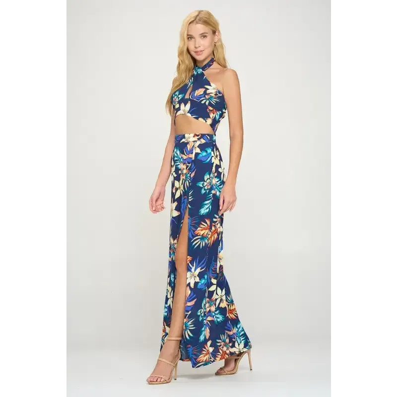 halter crop top maxi skirt with slit set tropical