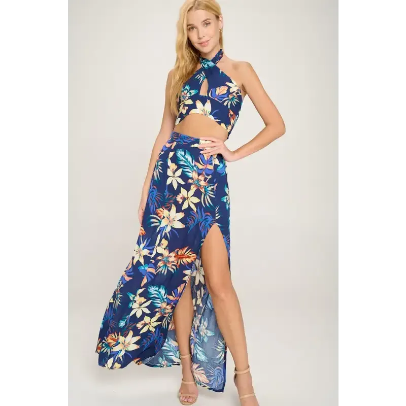 halter crop top maxi skirt with slit set tropical