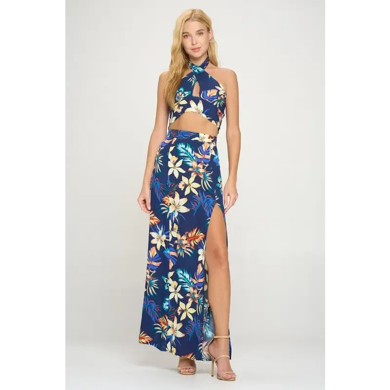 halter crop top maxi skirt with slit set tropical