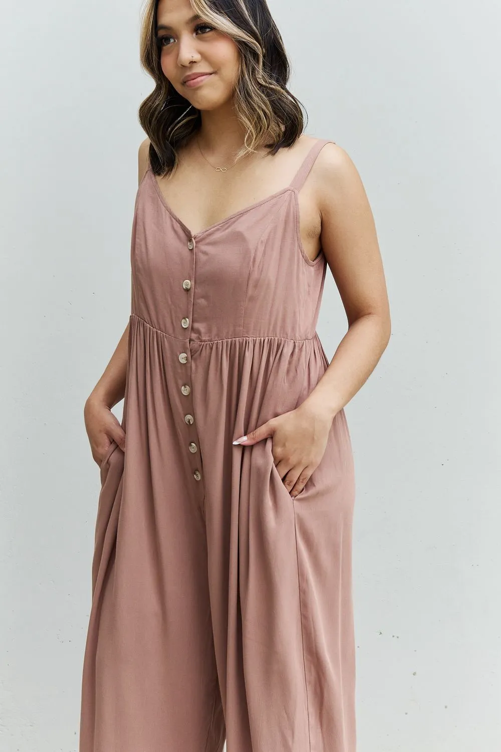 HEYSON All Day Full Size Wide Leg Button Down Jumpsuit in Mocha - Ships from The USA