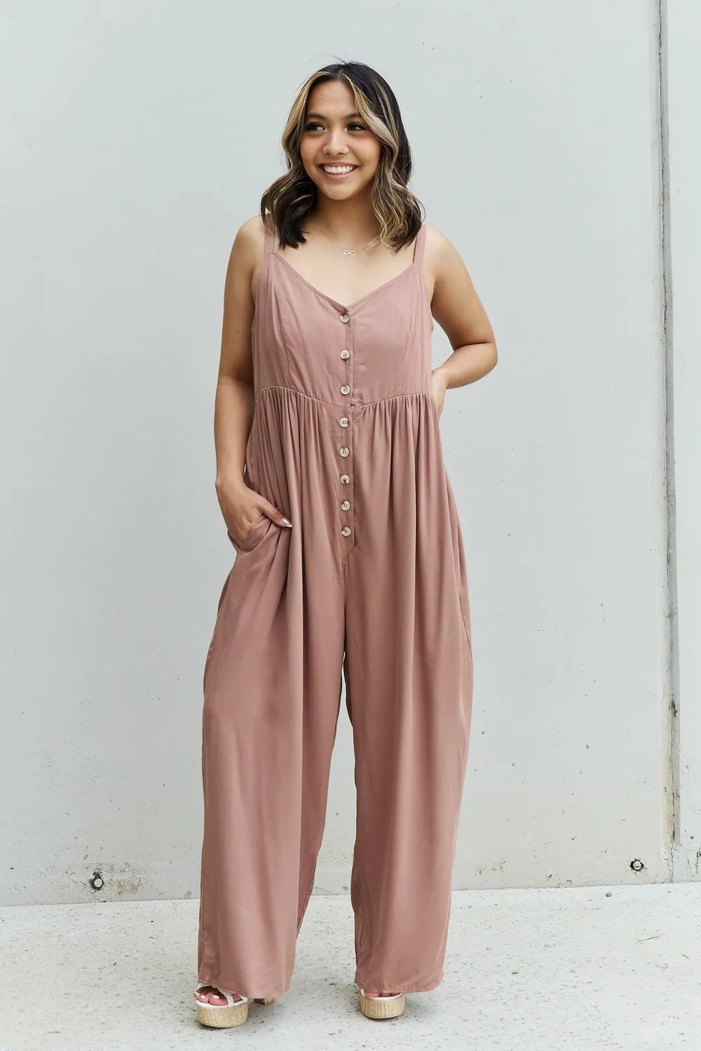 HEYSON All Day Full Size Wide Leg Button Down Jumpsuit in Mocha - Ships from The USA