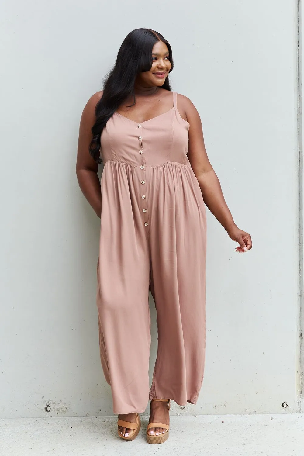 HEYSON All Day Full Size Wide Leg Button Down Jumpsuit in Mocha - Ships from The USA