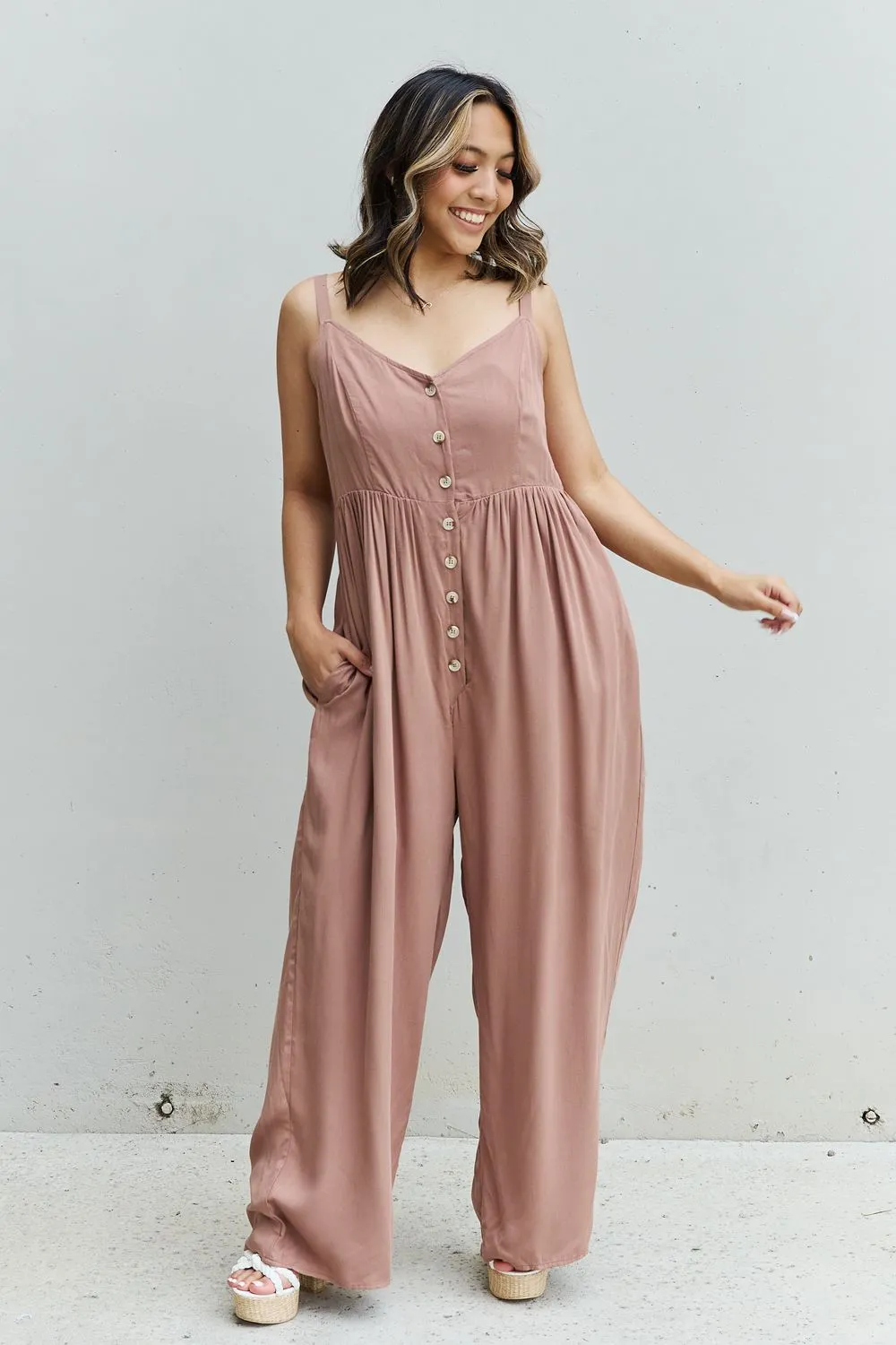 HEYSON All Day Full Size Wide Leg Button Down Jumpsuit in Mocha - Ships from The USA