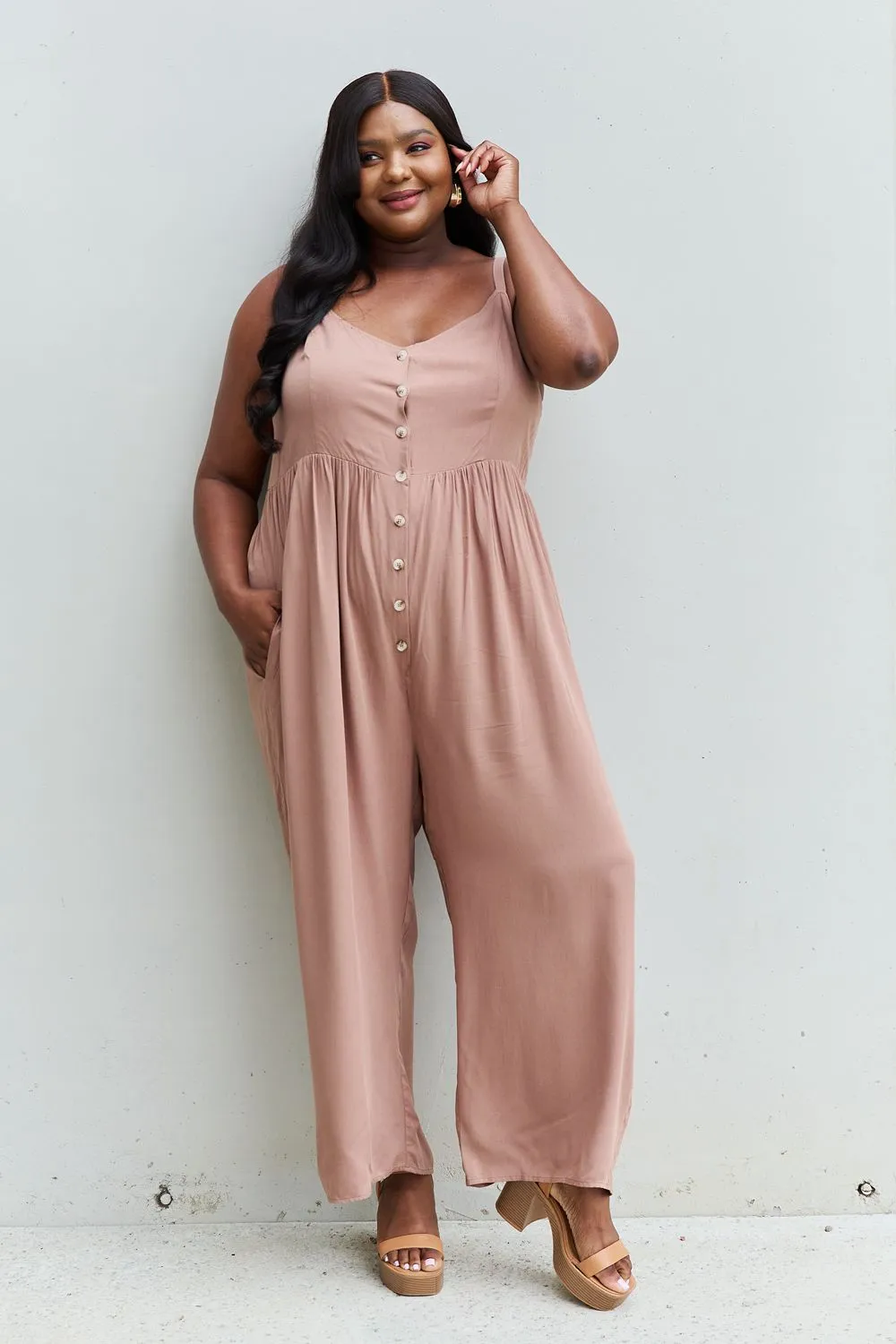 HEYSON All Day Full Size Wide Leg Button Down Jumpsuit in Mocha - Ships from The USA