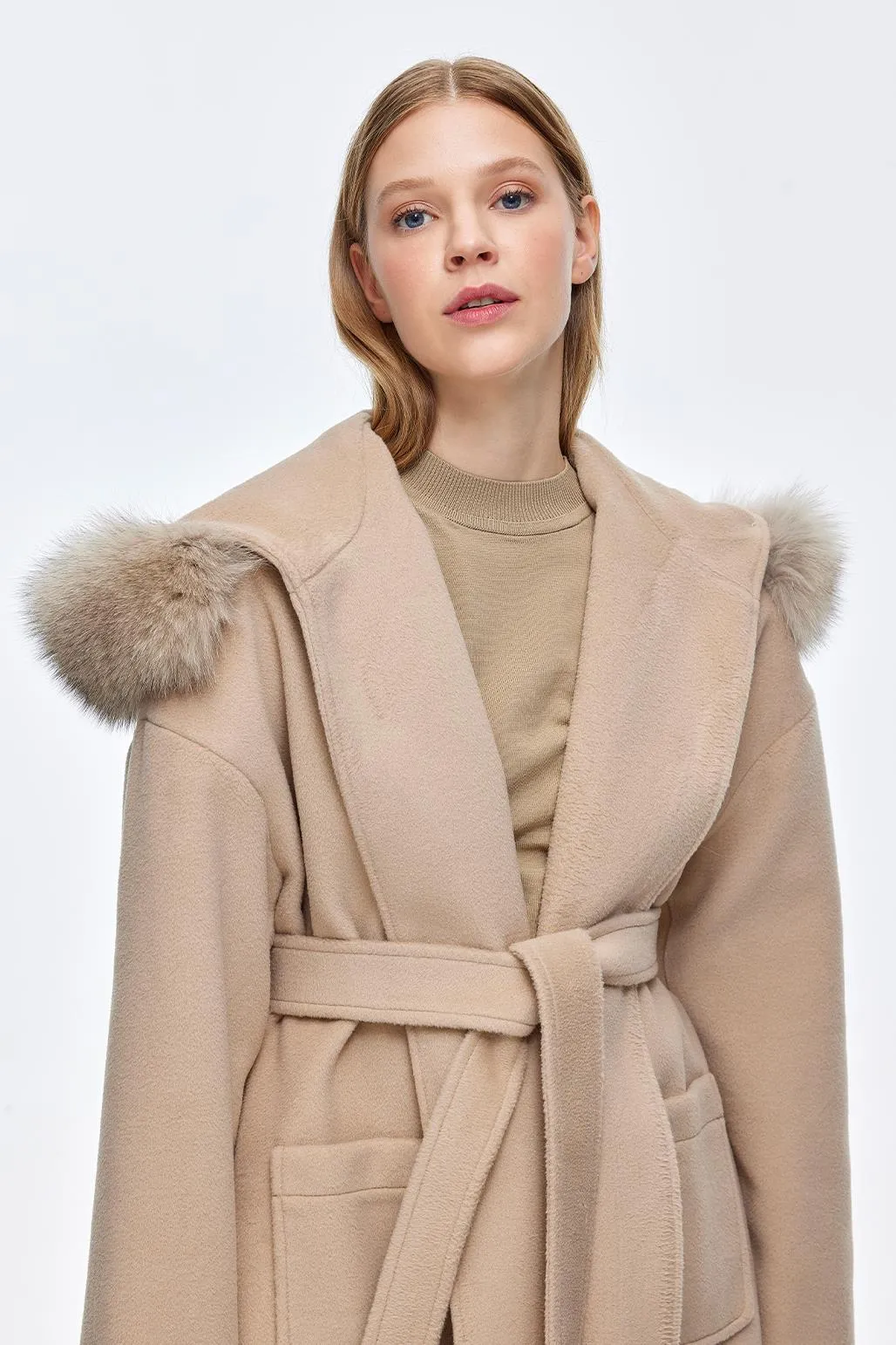 Hooded Fur Collar Coat with Pockets Mink