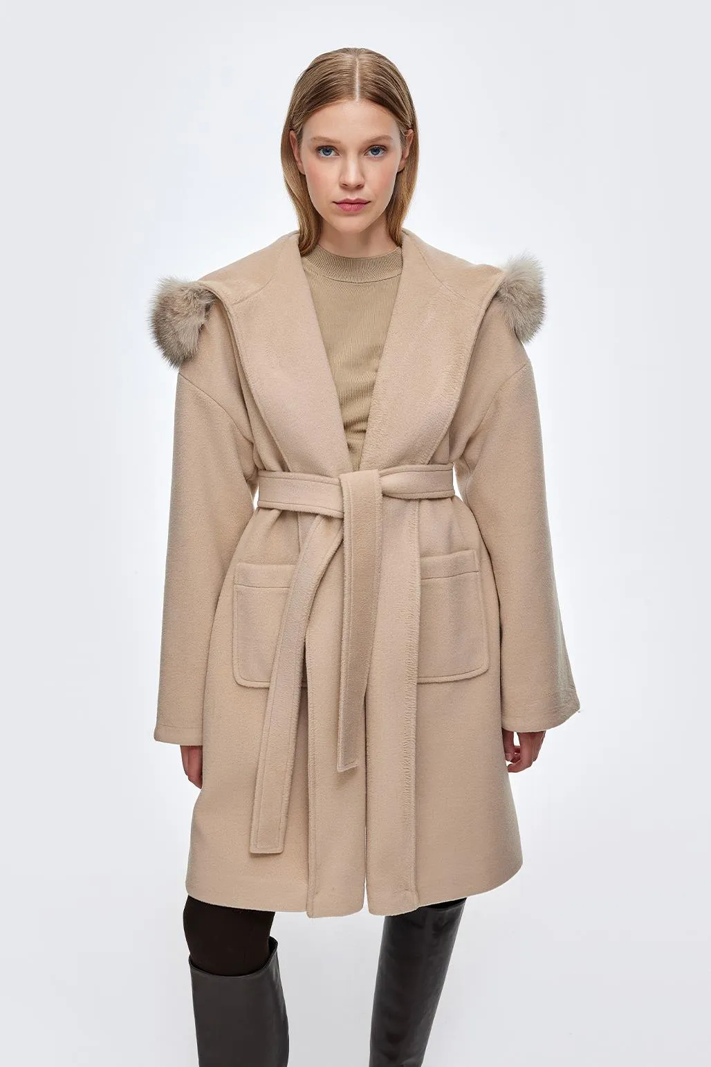 Hooded Fur Collar Coat with Pockets Mink