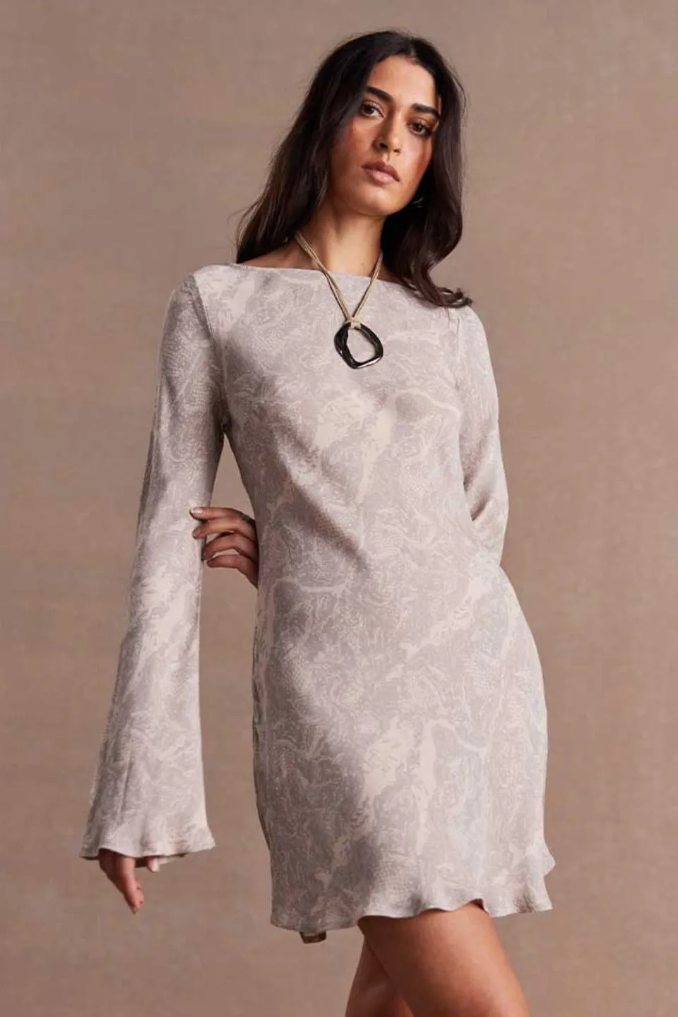 Inara Shadow Grey Bias LS Mini Dress