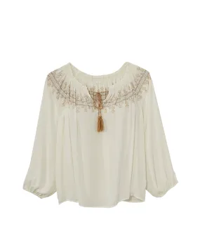 Jenna Embroidered Long Sleeve Blouse | White