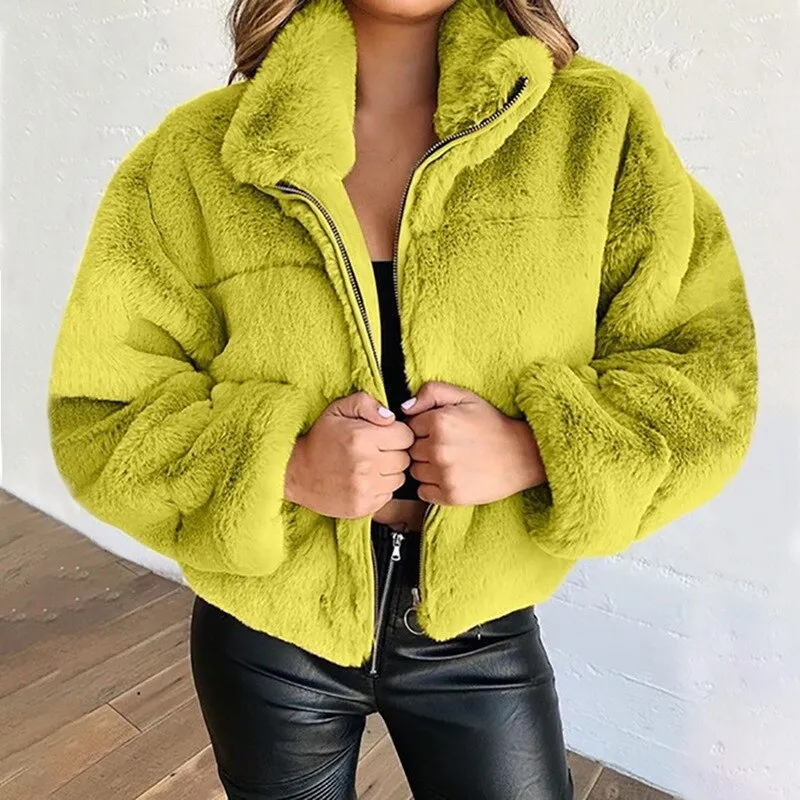 Joskaa Christmas Gift Elegant Solid Chic Zipper Office Tops Coats New Winter Women Fur Faux Fur Coat Warm Soft Jackets Ladies Fashion Casual Outwears