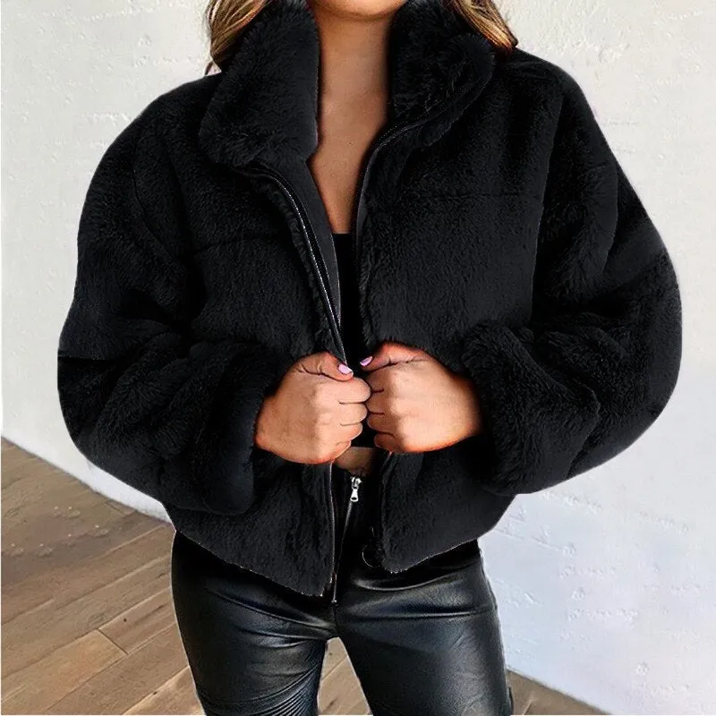 Joskaa Christmas Gift Elegant Solid Chic Zipper Office Tops Coats New Winter Women Fur Faux Fur Coat Warm Soft Jackets Ladies Fashion Casual Outwears