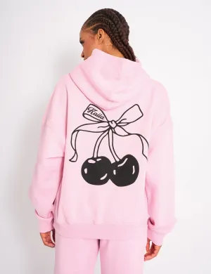 Kaiia Cherry Bow Graphic Oversized Hoodie Baby Pink & Black