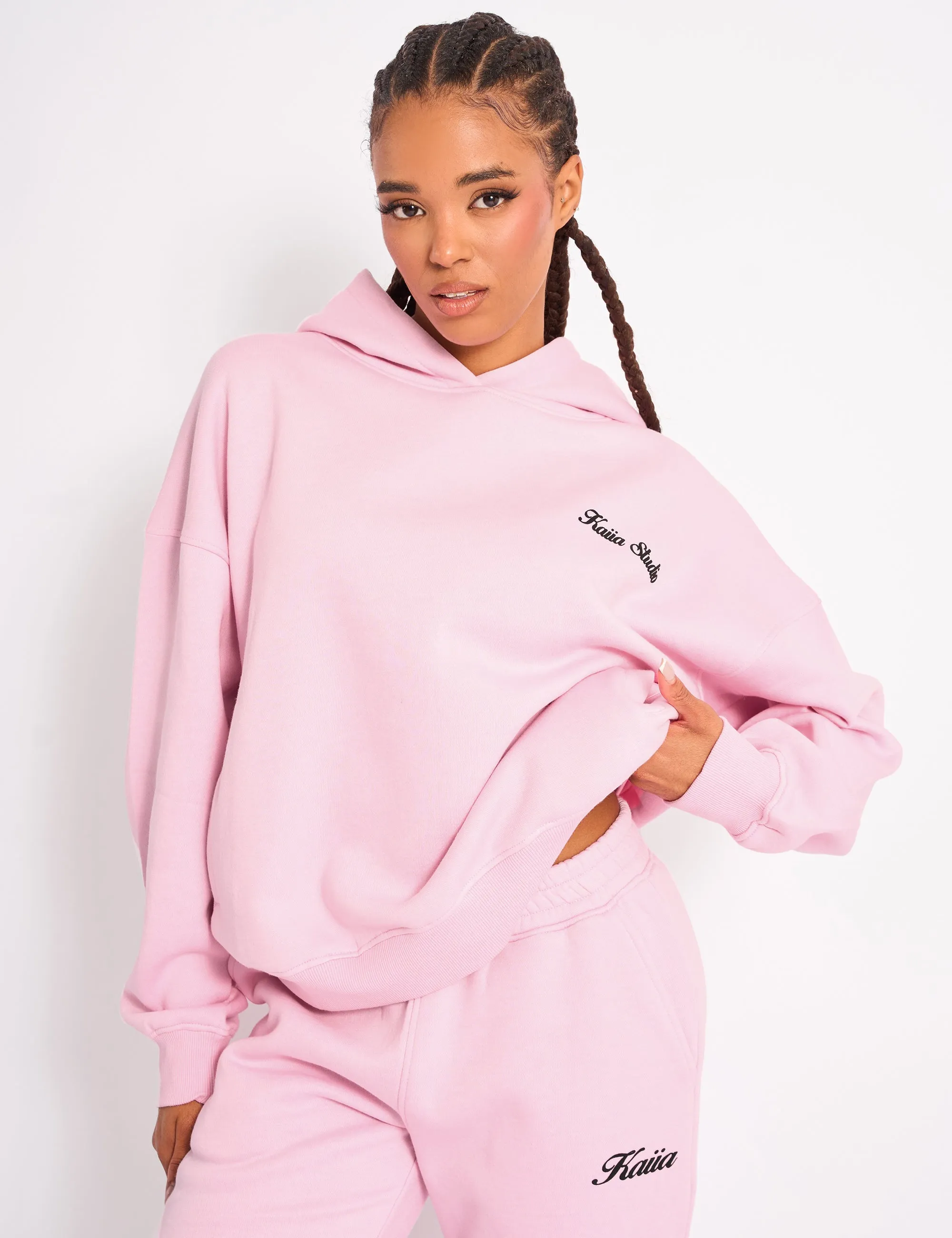 Kaiia Cherry Bow Graphic Oversized Hoodie Baby Pink & Black