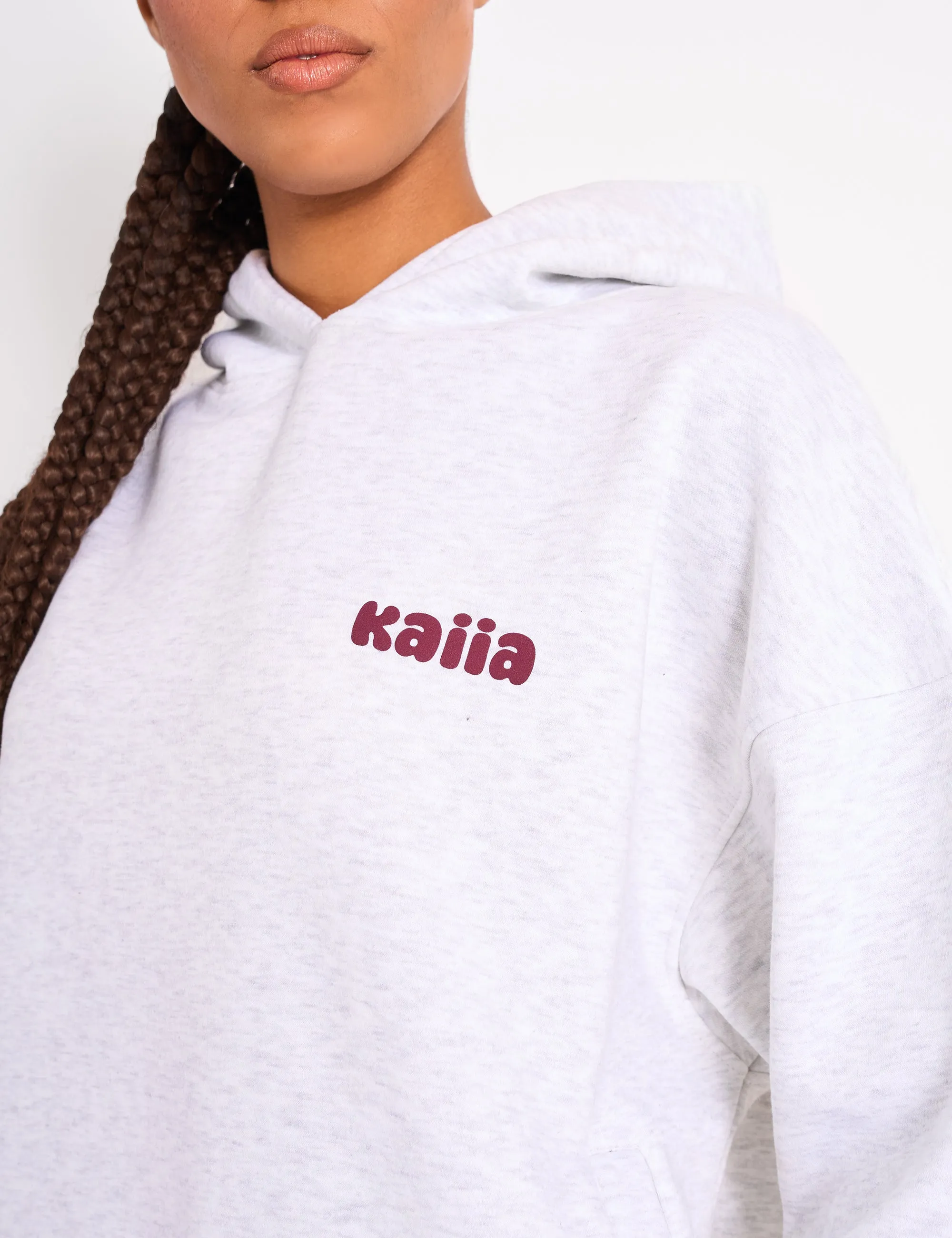 Kaiia Cherry Graphic Oversized Hoodie Light Grey Marl & Plum