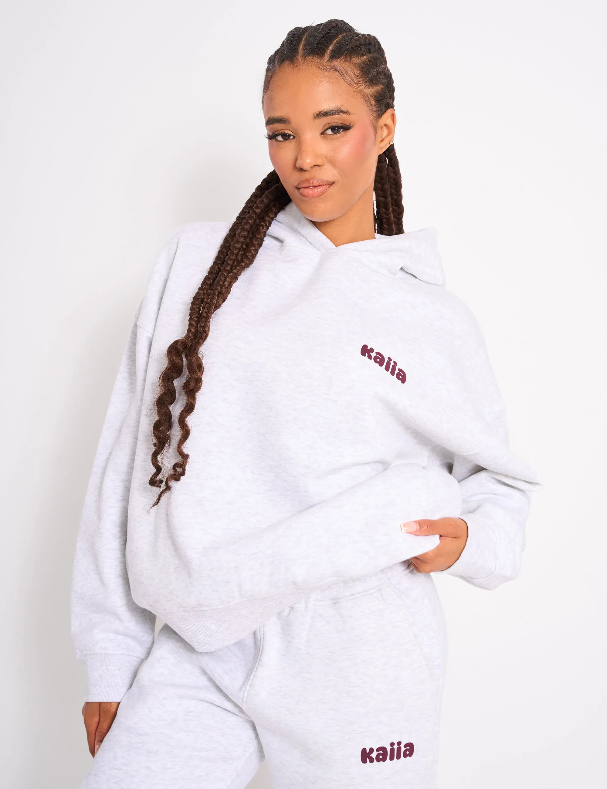 Kaiia Cherry Graphic Oversized Hoodie Light Grey Marl & Plum