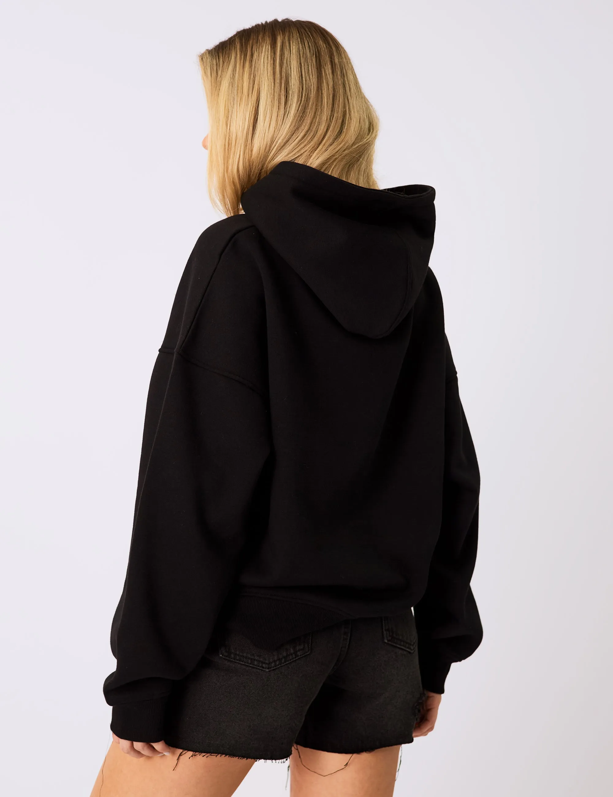 Kaiia Logo Denim Applique Oversized Hoodie Black