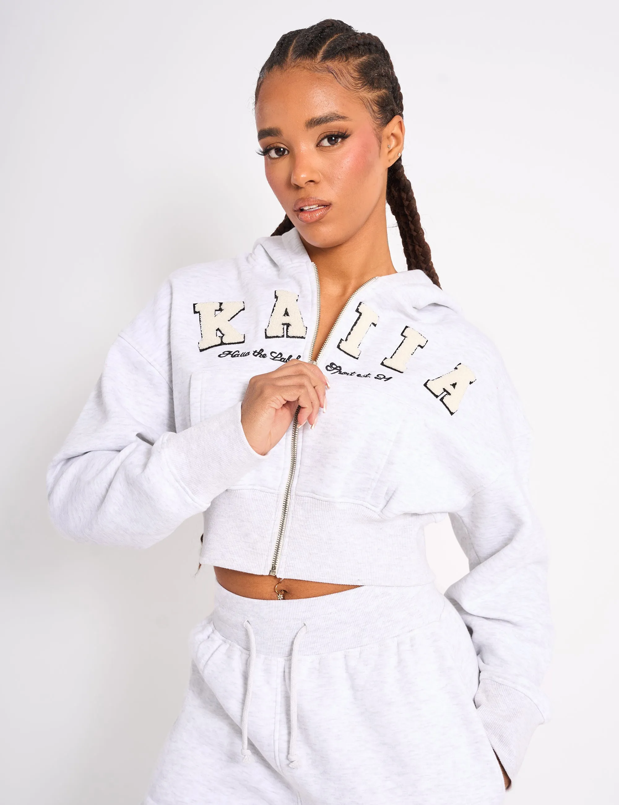 Kaiia Slogan Cropped Zip Up Hoodie Light Grey Marl & White