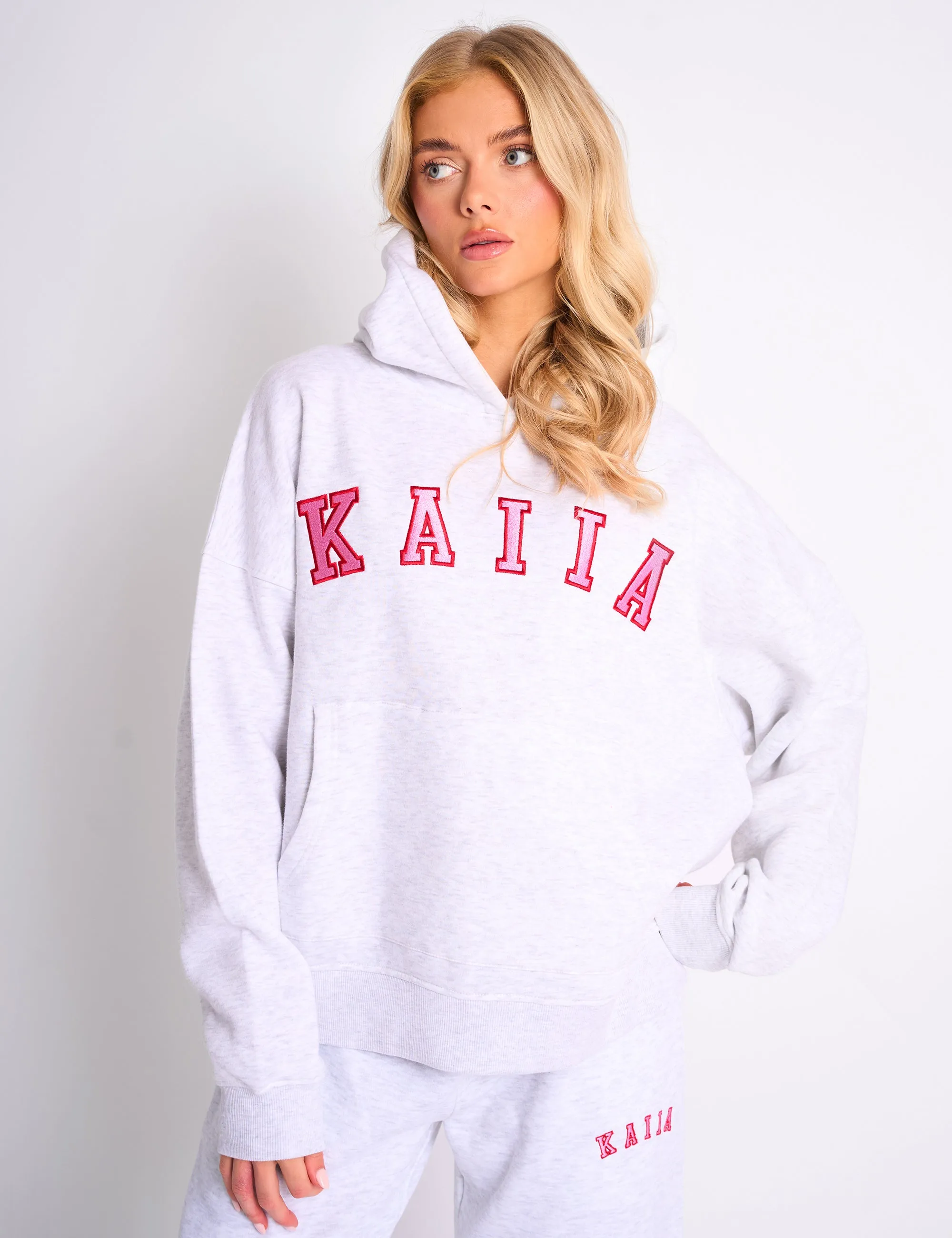 Kaiia Slogan Oversized Hoodie Light Grey Marl & Pink Contrast