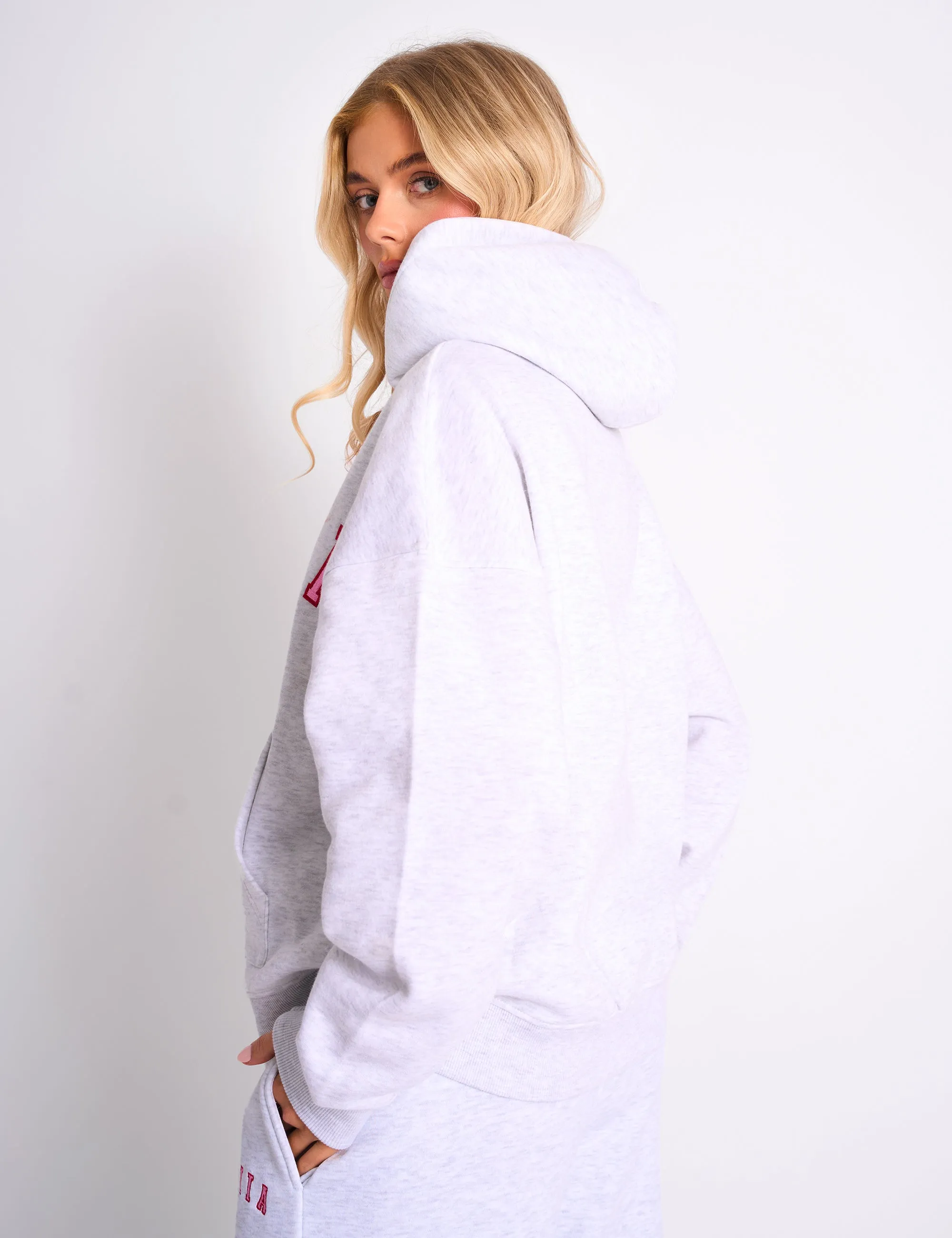 Kaiia Slogan Oversized Hoodie Light Grey Marl & Pink Contrast