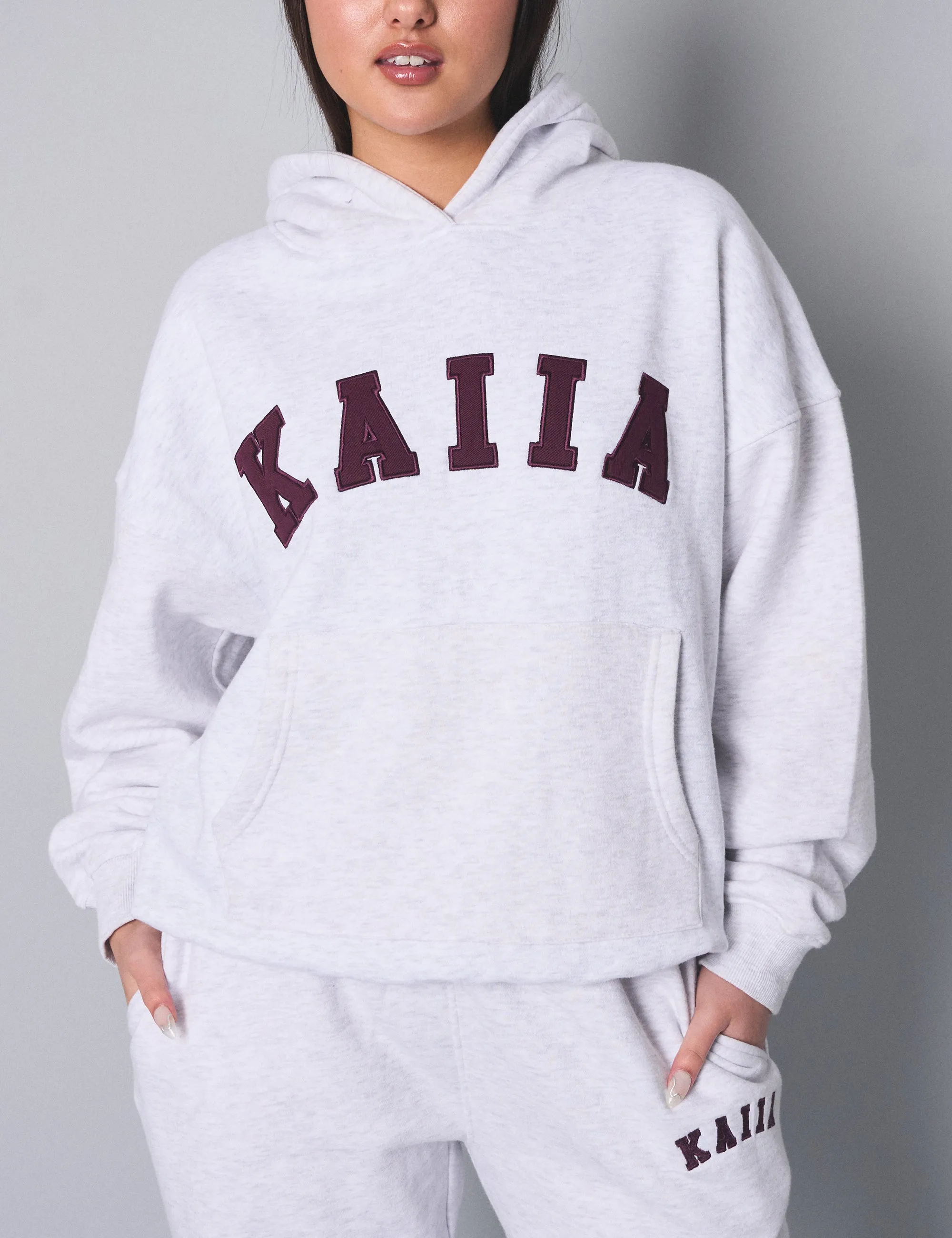 Kaiia Slogan Oversized Hoodie Light Grey Marl With Burgundy