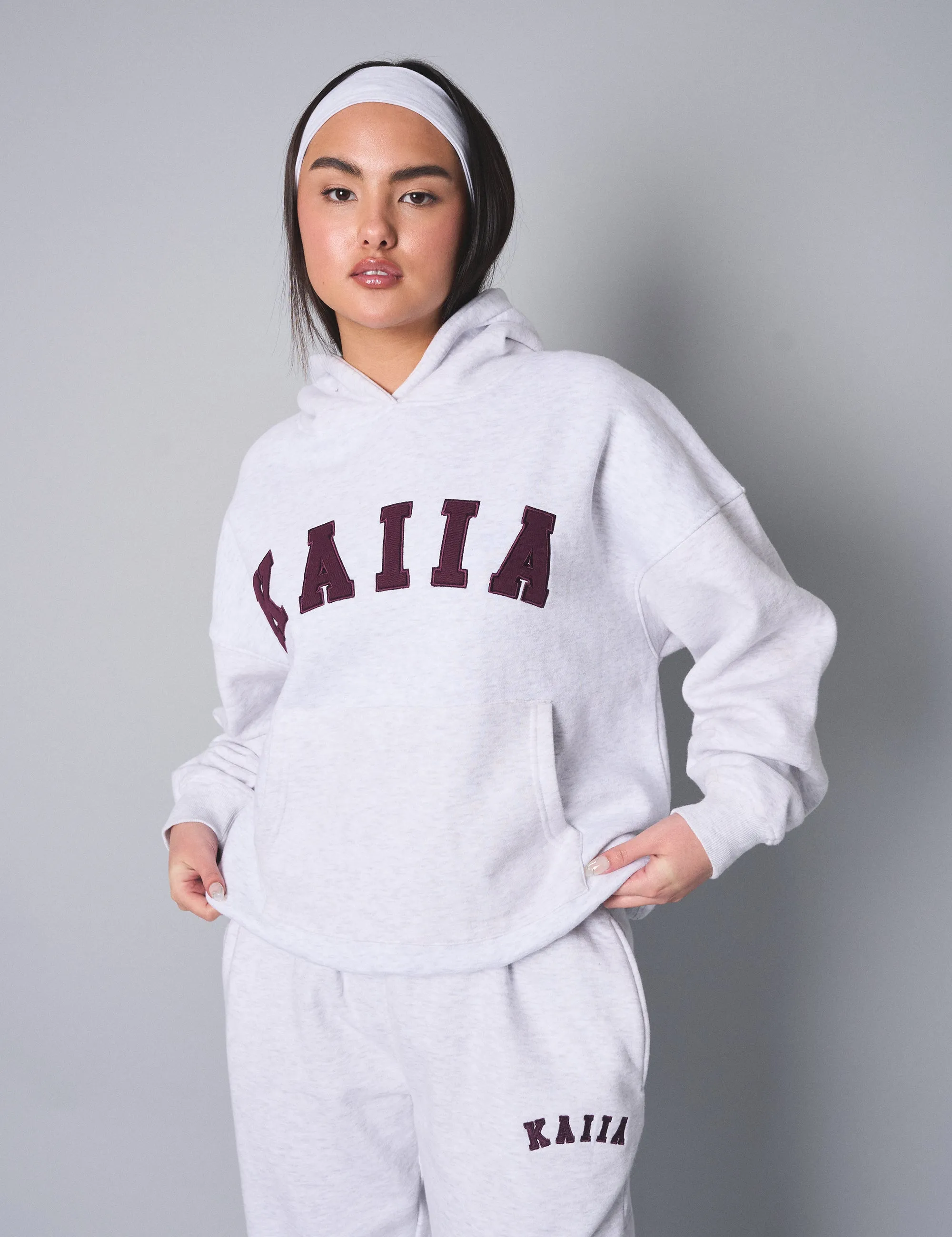 Kaiia Slogan Oversized Hoodie Light Grey Marl With Burgundy