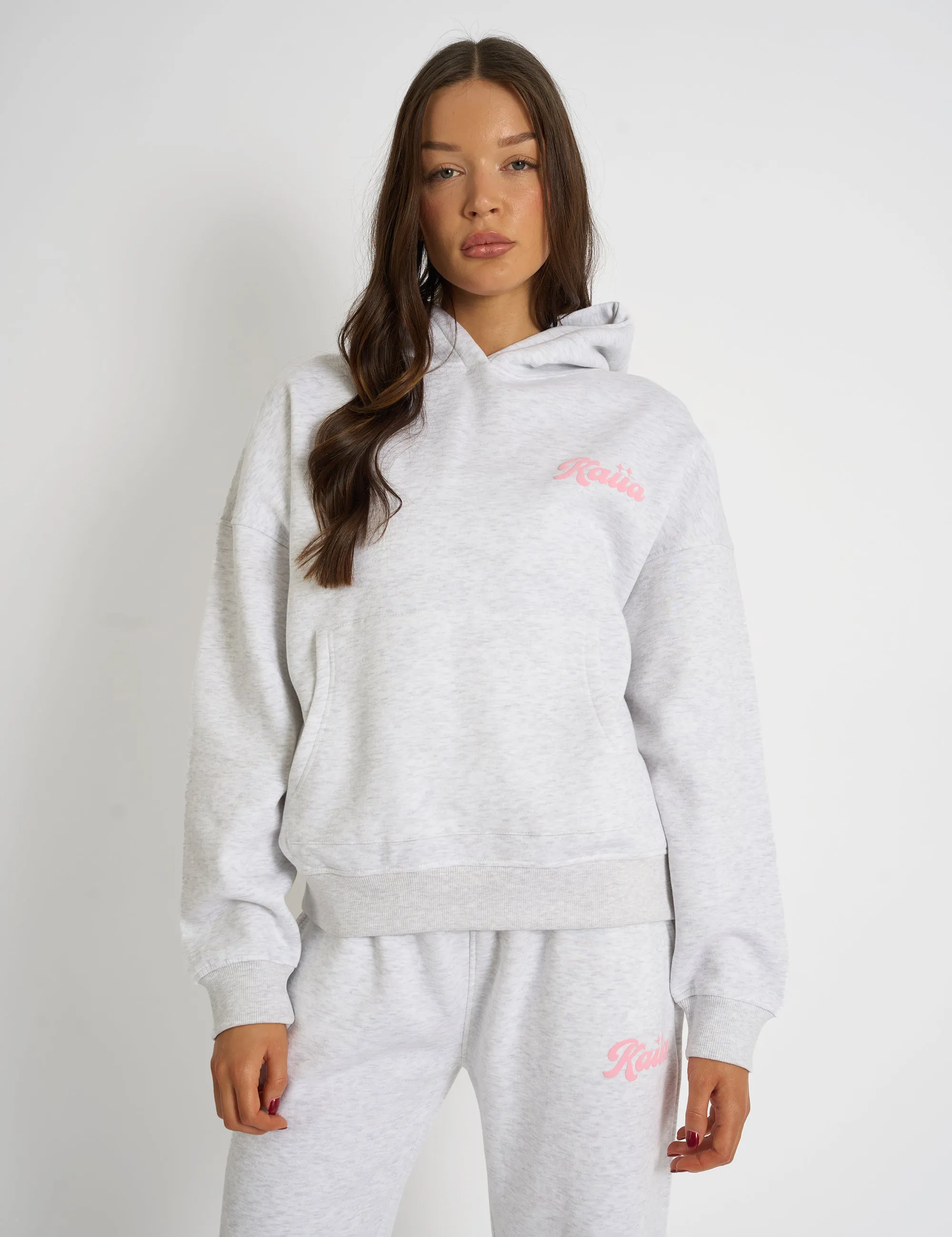 Kaiia Studio Bubble Script Oversized Hoodie Grey Marl & Pink