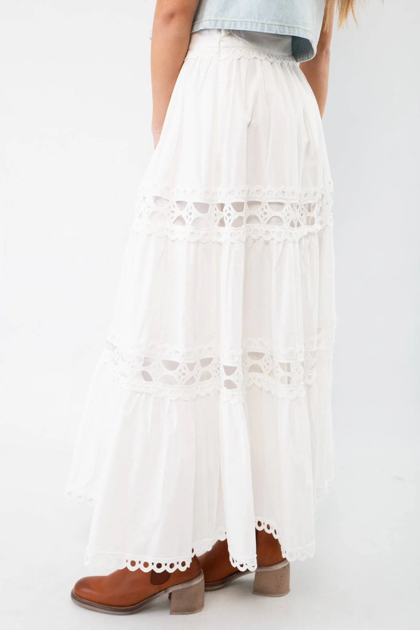 Kait Eyelet White Midi Skirt