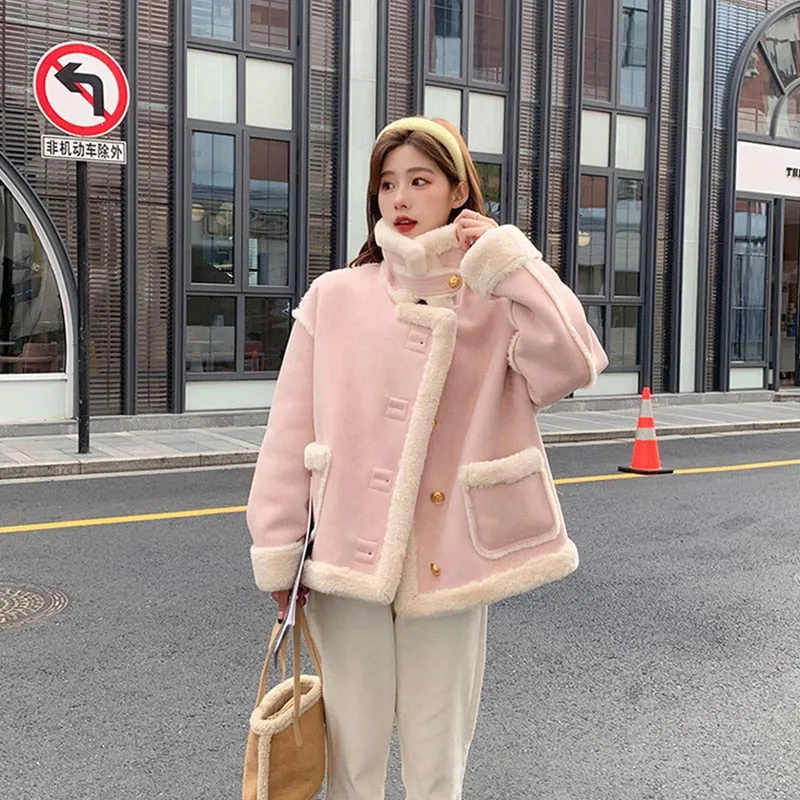 Korean Coquette Aesthetic Ladies Pink Winter Jacket Shearling Coat