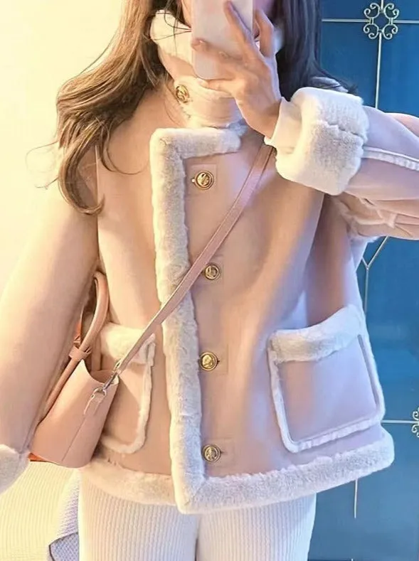 Korean Coquette Aesthetic Ladies Pink Winter Jacket Shearling Coat