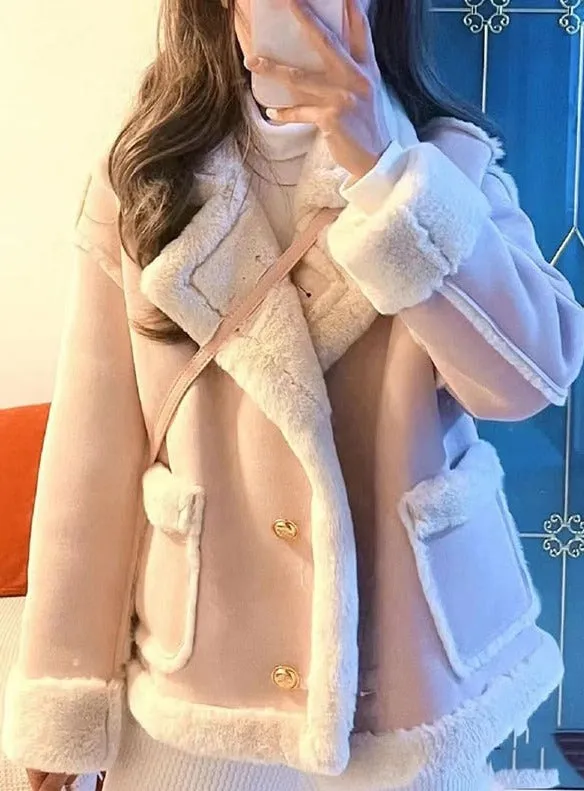 Korean Coquette Aesthetic Ladies Pink Winter Jacket Shearling Coat