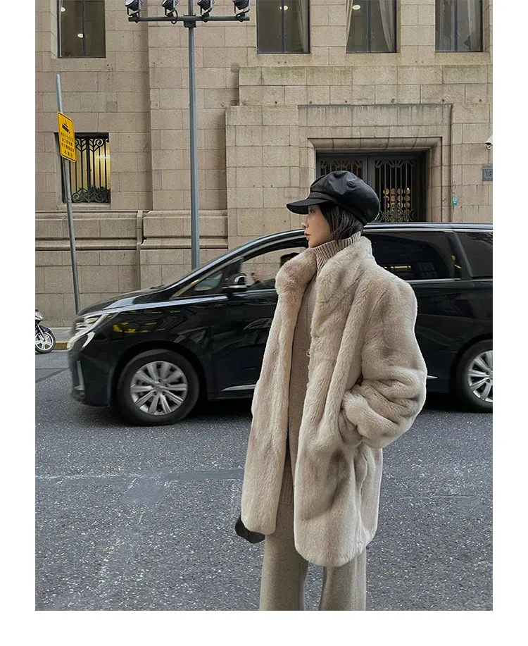 Lautaro Winter Thick Warm Faux Mink Fur Coat Women Stand Collar Elegant Chic Luxury Designer Clothes Runway Fluffy Jacket 2022