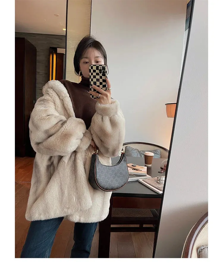 Lautaro Winter Thick Warm Faux Mink Fur Coat Women Stand Collar Elegant Chic Luxury Designer Clothes Runway Fluffy Jacket 2022