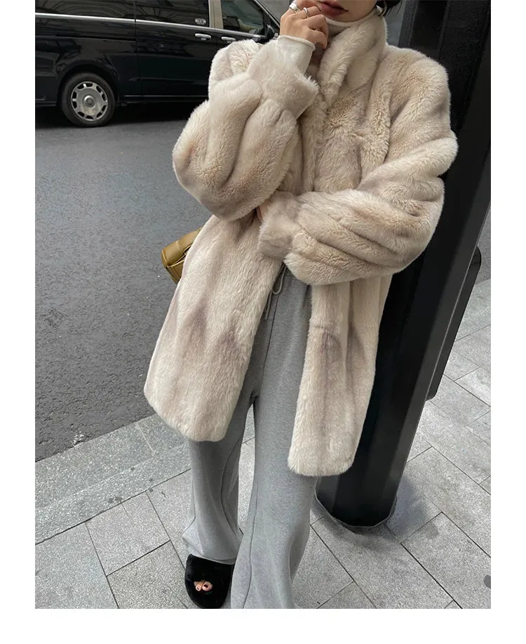 Lautaro Winter Thick Warm Faux Mink Fur Coat Women Stand Collar Elegant Chic Luxury Designer Clothes Runway Fluffy Jacket 2022