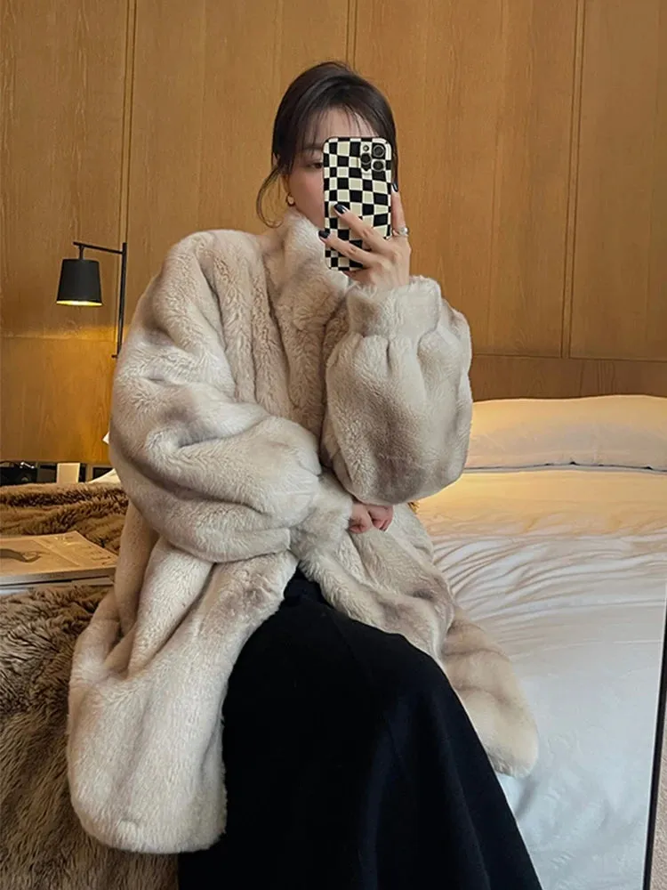 Lautaro Winter Thick Warm Faux Mink Fur Coat Women Stand Collar Elegant Chic Luxury Designer Clothes Runway Fluffy Jacket 2022