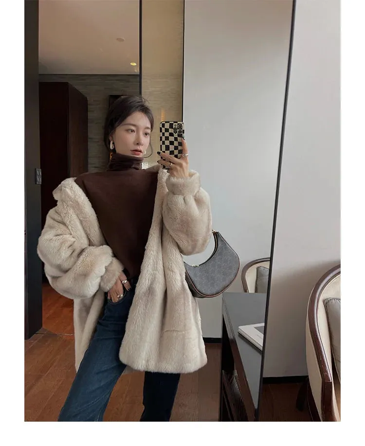 Lautaro Winter Thick Warm Faux Mink Fur Coat Women Stand Collar Elegant Chic Luxury Designer Clothes Runway Fluffy Jacket 2022